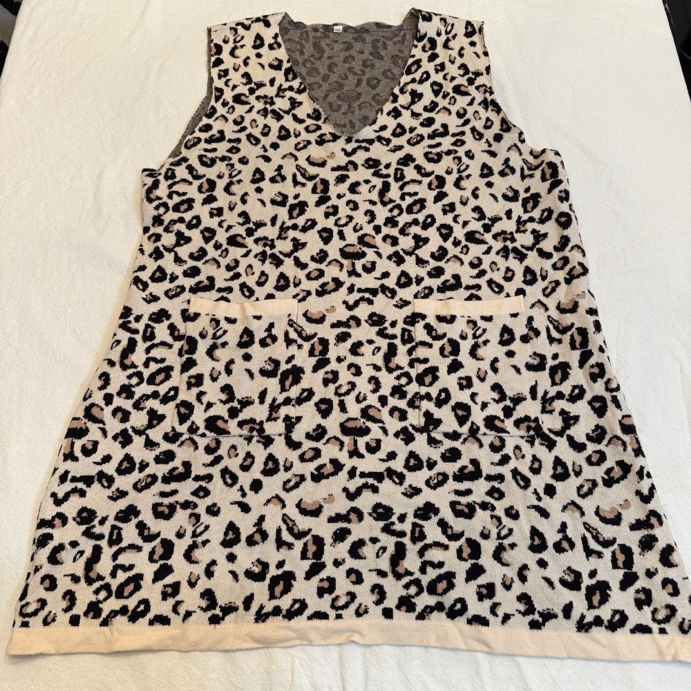 Unbranded Women 2XL Leopard Print Sweater Vest V-Neck Knit Pockets Cheetah Plush